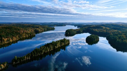 Fototapeta premium Aerial view of a serene lake with multiple forested islands reflecting blue sky and clouds during autumn surrounded by rolling hills and dense woodland