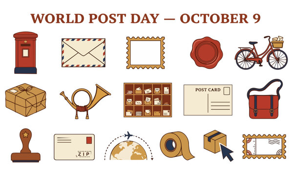 World Post Day October 9 Icon Set Flat Vector &mdash; Letter Box Airmail Envelope Stamp Wax Seal Postcard Postal Horn Parcel Carrier Bag Tracking, Post Red Cream Navy Gold &mdash; Postal Heritage, Mail Service
