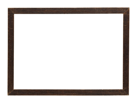 Antique dark wood picture frame with weathered patina, scuffs, and rustic texture. Cutout blank center for mockup. Transparent PNG.