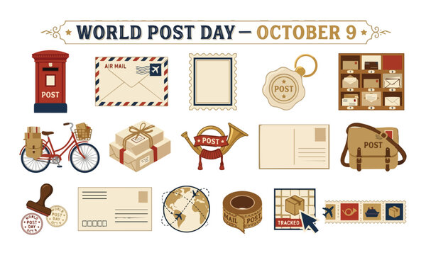 World Post Day October 9 Icon Set Flat Vector &mdash; Letter Box Airmail Envelope Stamp Wax Seal Postcard Postal Horn Parcel Carrier Bag Tracking, Post Red Cream Navy Gold &mdash; Postal Heritage, Mail Service