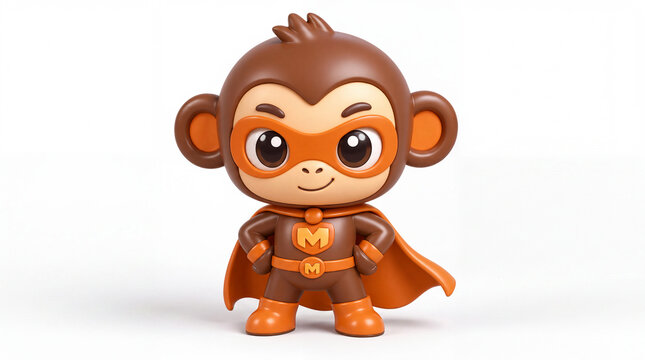 A chibi-style 3D vinyl toy of a brown superhero monkey with orange cape, mask, boots and M emblem standing with hands on hips