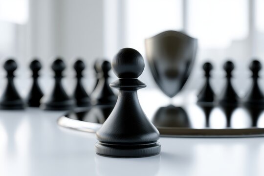 Black chess pawn piece standing prominently in front of a reflective chessboard surrounded by a line of pawns in a bright modern setting