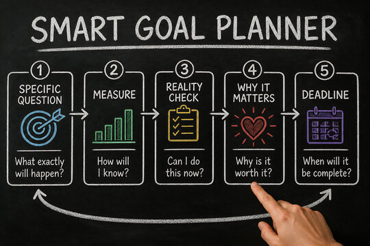 A diagram illustrating the five components of a SMART Goal Planner is displayed on a chalkboard.