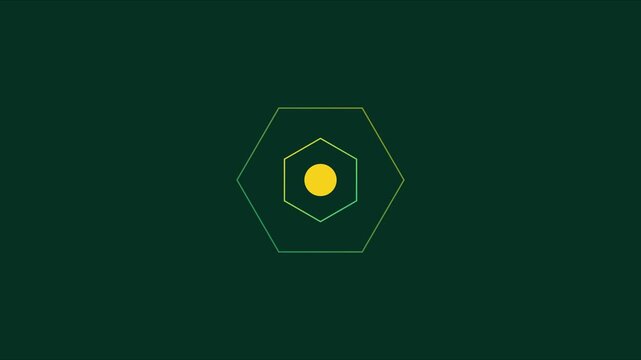 Minimalist geometric animation with pulsing hexagon shapes and central yellow dot on dark green 4k background