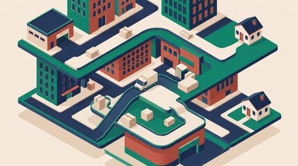 Fototapeta premium Isometric City Illustration with Delivery Truck and Winding Route Between Buildings
