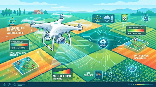 Vector infographic illustration of drone conducting field analysis and crop mapping
