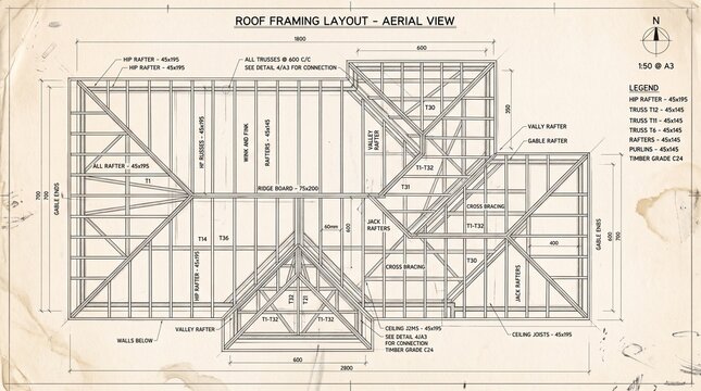 Vintage architectural blueprint of a roof framing layout featuring detailed technical dimensions, trusses, rafters, and structural engineering design.