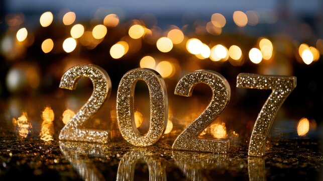 Sparkling golden number figures representing the year 2027 with festive bokeh lights glowing in the background for celebration and new beginnings theme