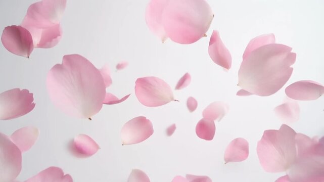 Pink cherry blossom petals floating gently on soft white background