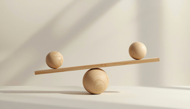 wooden scale balancing one metal ball and one wooden ball of different sizes