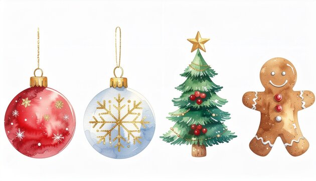 Watercolor Christmas ornament set with tree bauble and gingerbread man