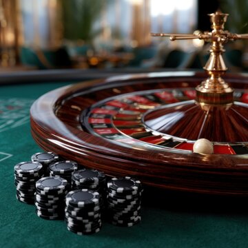 Stacks of black and white casino chips beside a spinning roulette wheel with a white ball in a luxurious gambling room setting
