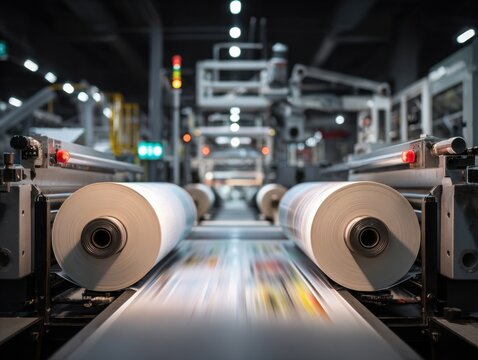 High-speed industrial printing press producing large rolls of continuous printed material in a modern factory setting with advanced machinery and lighting