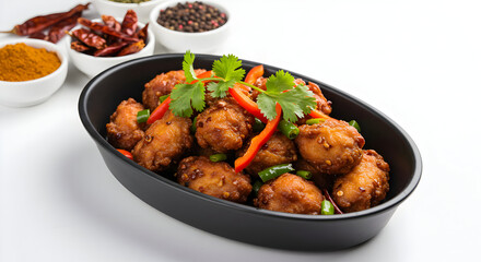 Fototapeta premium Delicious Fried Chicken with Spices, Garnished with Fresh Herbs, on White Background