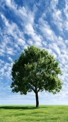 Obraz premium Lone tree standing tall in a vast green field under a vibrant blue sky with scattered white clouds on a bright sunny day