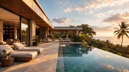 Fototapeta premium Luxury Tropical Contemporary Villa – Sunset Infinity Pool Terrace