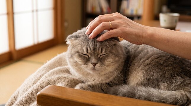 スコティッシュフォールドの頭や体を優しく撫でる飼い主の手元クローズアップ