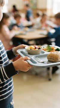 Young caucasian boy holding a school lunch tray with healthy food in a cafeteria