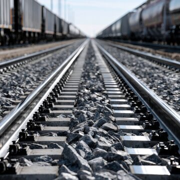 Detailed perspective of parallel railway tracks with gravel ballast flanked by stationary freight trains extending into the horizon under a clear sky