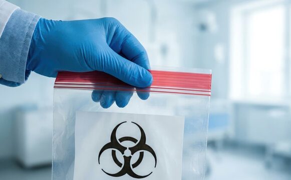Medical worker in blue gloves holding biohazard sample bag in hospital laboratory environment
