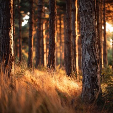 Sunlight filtering through tall pine trees casting warm golden hues on forest floor grass during a serene autumn evening in the woods