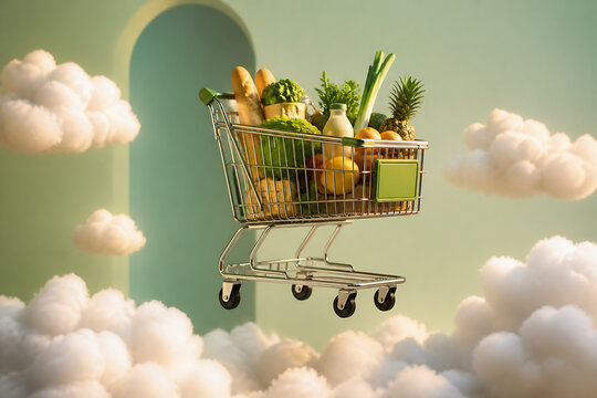 A miniature shopping cart filled with fresh produce floats above a sea of clouds in a bright, stylized setting.