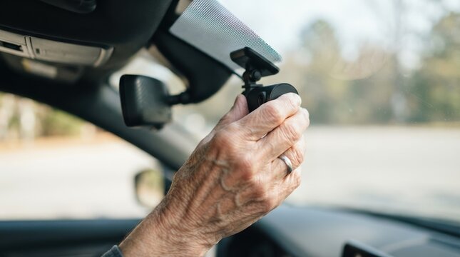 Senior man adjusting a dash cam on the windshield inside his car for safety and recording trips