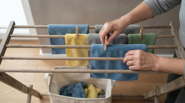 Senior woman hanging colorful cloths on a wooden drying rack at home, domestic chores and household concept