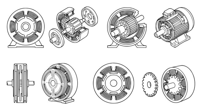 Technical line art collection of industrial electric motor components showing internal rotor and stator parts in isometric view isolated on white background for engineering design projects