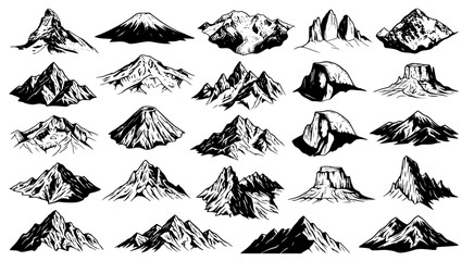 Fototapeta premium Graphic collection of various mountain range silhouettes and peak illustrations for outdoor adventure branding and travel landscape design projects in black and white vector