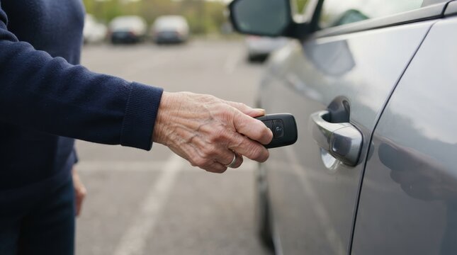 Elderly woman unlocking her car with a key fob in a parking lot, representing independence and vehicle security