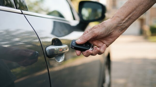 Senior woman unlocking her modern car with a remote key fob in the driveway