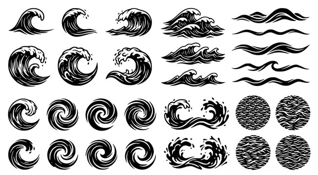 Set of artistic ocean wave icons and water ripple illustrations representing sea storm and tide movement for graphic design projects in a bold black and white vector style