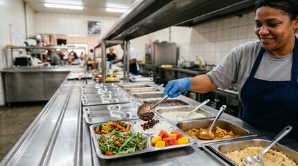 Obraz premium Balanced school lunch plated on trays in Brazilian kitchen