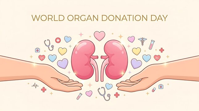 World Organ Donation Day - Hands cradling kidneys with medical symbols and hearts.
