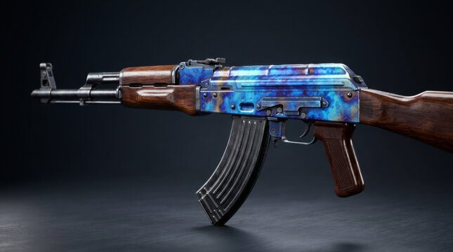 A high-detail studio 3D render of an assault rifle, Case Hardened skin, legendary Blue Gem pattern, showcasing vibrant oil-slick anodized metal texture, mesmerizing 