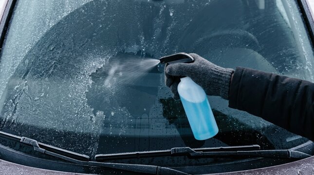 Person spraying de-icer on frozen car windshield to remove winter frost, closeup concept