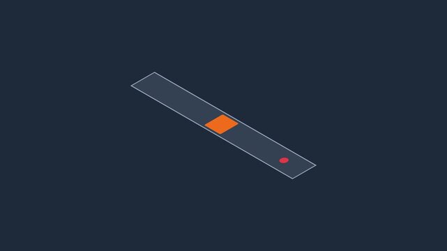 Minimalist isometric loading bar animation with moving orange square and blue dot on dark 4k background