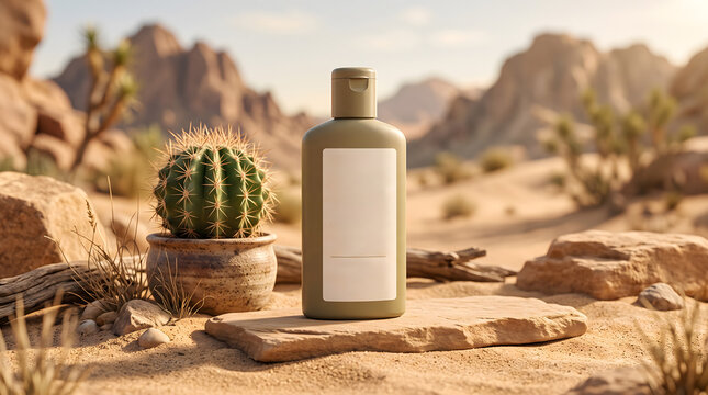 Minimalist olive green cosmetic bottle with blank label on sandstone in sunny desert landscape with cactus for mockup and branding