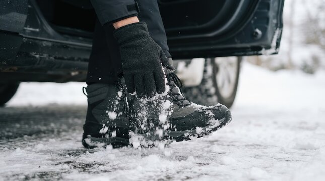 Adult man brushing snow off winter boots near a car after a snowstorm