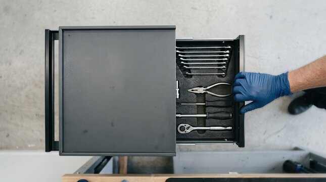 Mechanic opening toolbox drawer with organized tools in automotive workshop top view