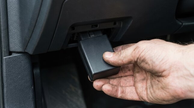 Mechanic plugging OBD2 scanner diagnostic tool into car port for electronic fault troubleshooting