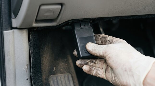 Mechanic plugging OBD2 scanner device into car diagnostic port under dashboard for automotive troubleshooting