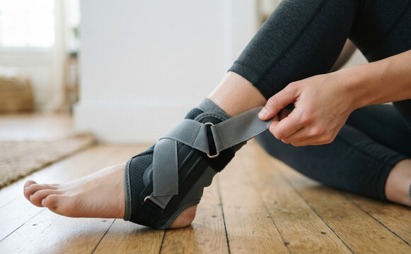 Young adult woman wearing an adjustable ankle brace for support and recovery at home