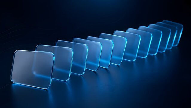 Blank blue glass domino cards falling in a continuous sequence representing digital chain reaction abstract business progression and strategic template background