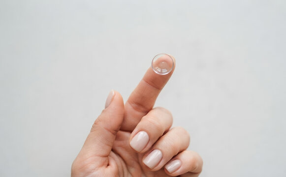 Woman holding a clear contact lens on her fingertip ready to put it in her eye for vision correction and eye care healthcare concept