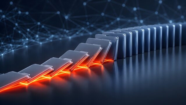 Row of metallic folders falling in domino sequence glowing red hot representing critical data breach cyber attack and catastrophic digital system failure