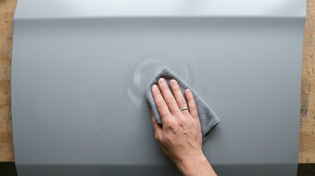 A person cleaning and wiping a grey car hood surface with a microfiber cloth representing auto detailing