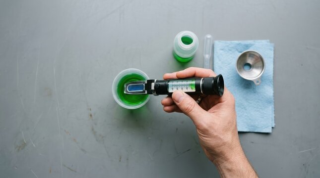 Person using a refractometer to test green coolant or antifreeze fluid in an automotive workshop