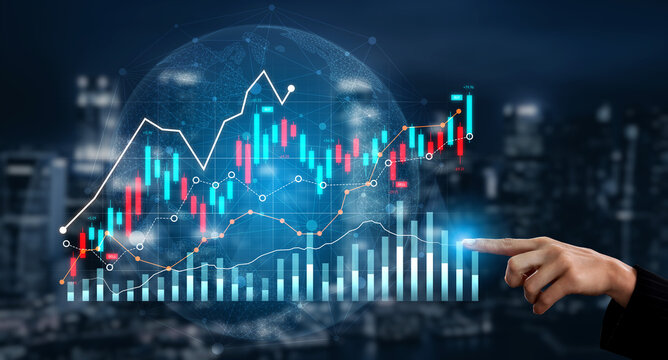Dynamic financial data visualization showcases stock market trends with hand gesture interaction against a modern city skyline, reflecting economic growth and analysis. Scalp